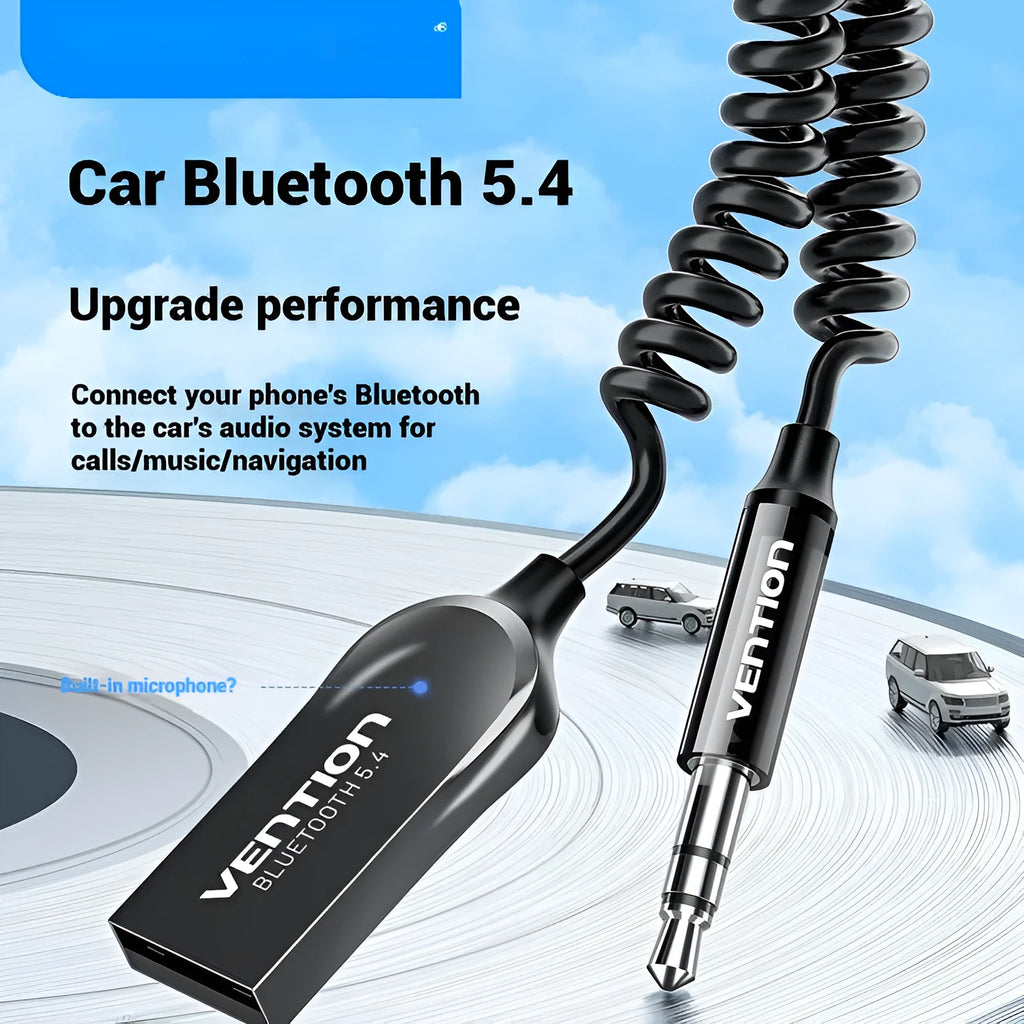 USB car Bluetooth audio receiver with zinc alloy plug and copper 3.5mm jack on a lightweight PU-sleeved cable.