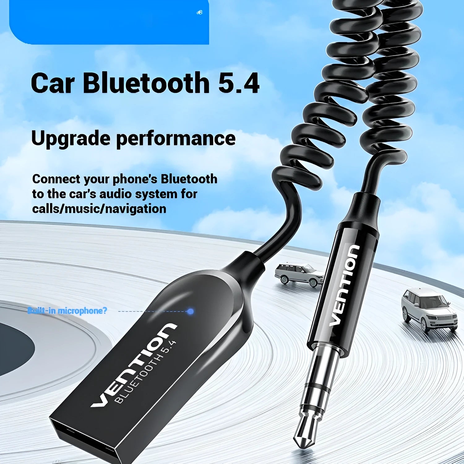 USB car Bluetooth audio receiver with zinc alloy plug and copper 3.5mm jack on a lightweight PU-sleeved cable.