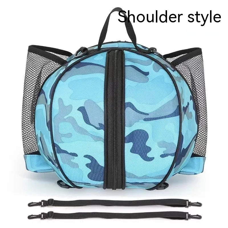 Black Oxford cloth basketball training bag with a single shoulder strap, shown next to a basketball.
