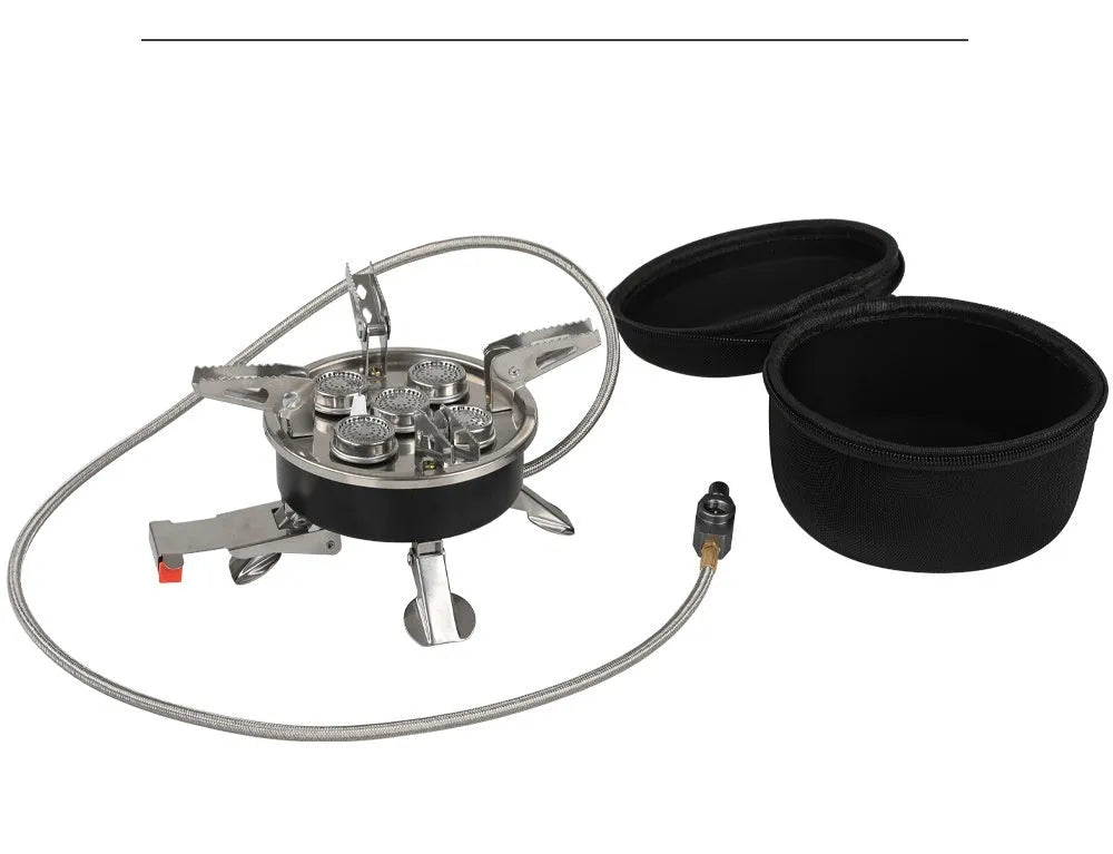Silver portable split camping stove with hose, dimensions 155mm by 125mm.