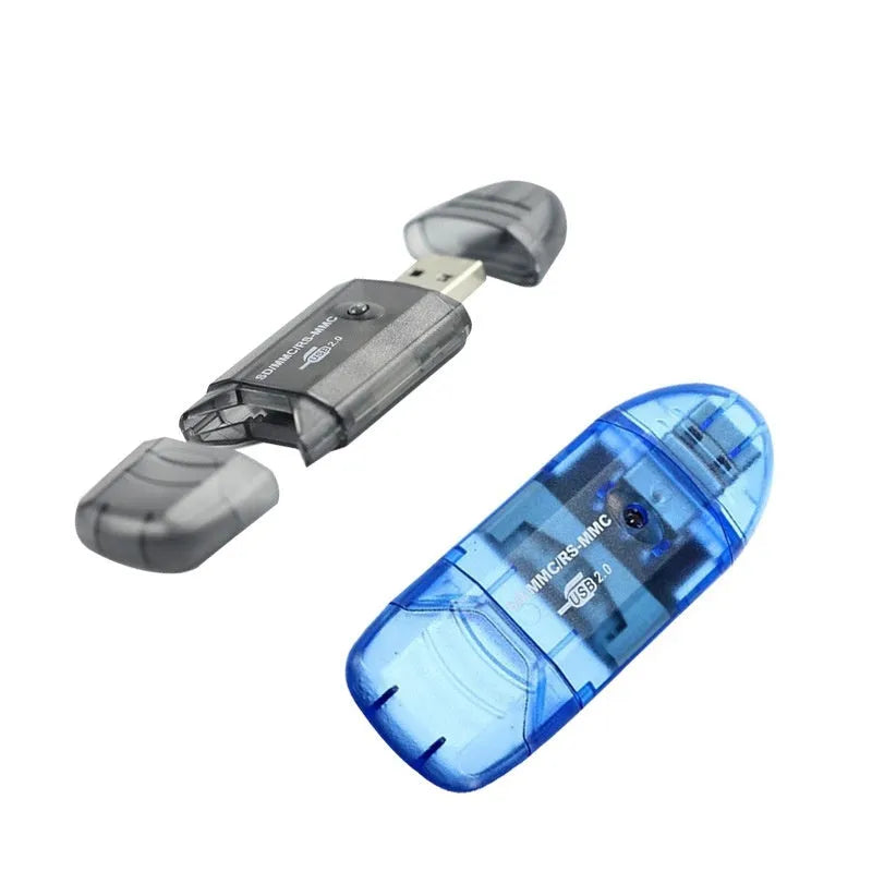 Transparent plastic USB card reader with LED lighting on computer desk