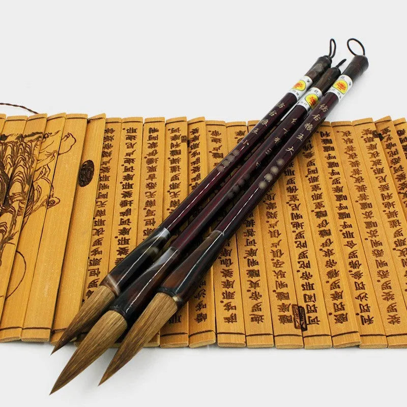 Wolf Hao Longfeng traditional Chinese brush set with wolf hair nibs and steel handles in large, medium, and small sizes.
