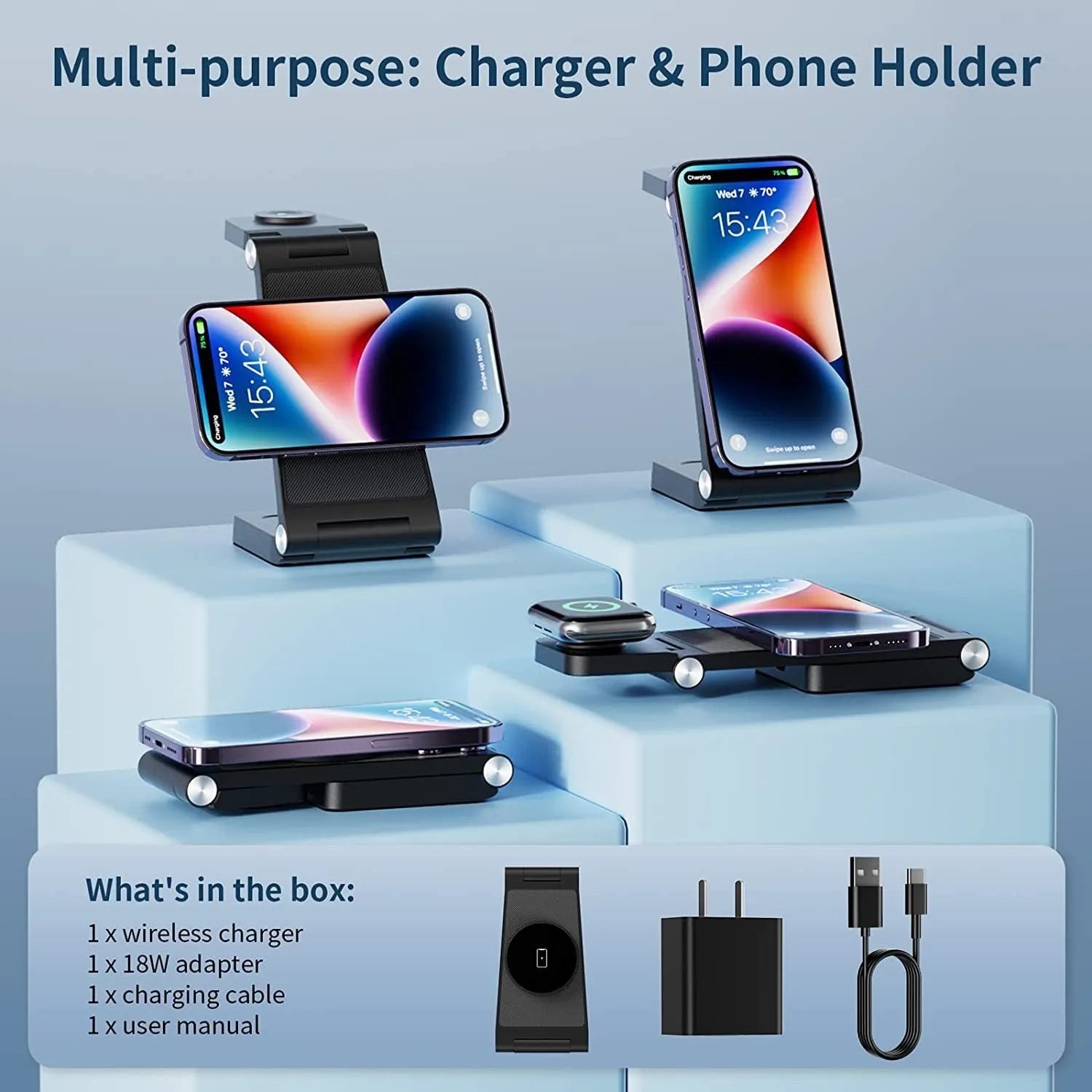 New vertical folding magnetic three-in-one wireless charger in black on a desk charging a smartphone, watch, and earbuds