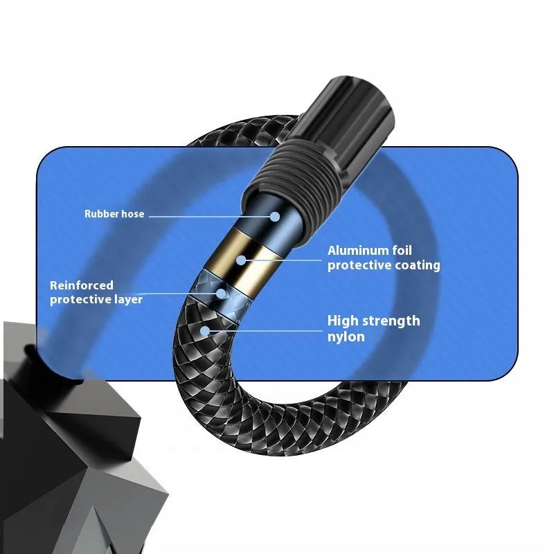 Black vehicle-mounted tyre inflator with digital display showing pressure readings
