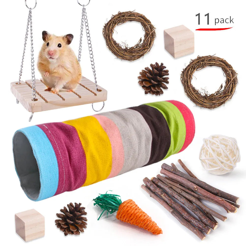 Wooden pet toy set with chewable pieces for rabbits, guinea pigs and parrots