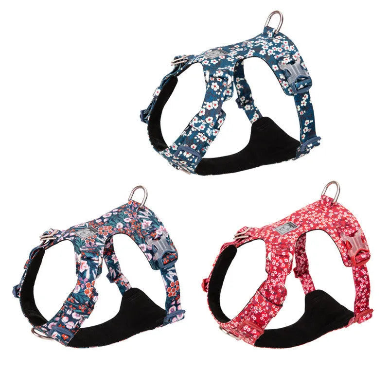Floral pattern cotton pet harness with chest strap on dog during walk