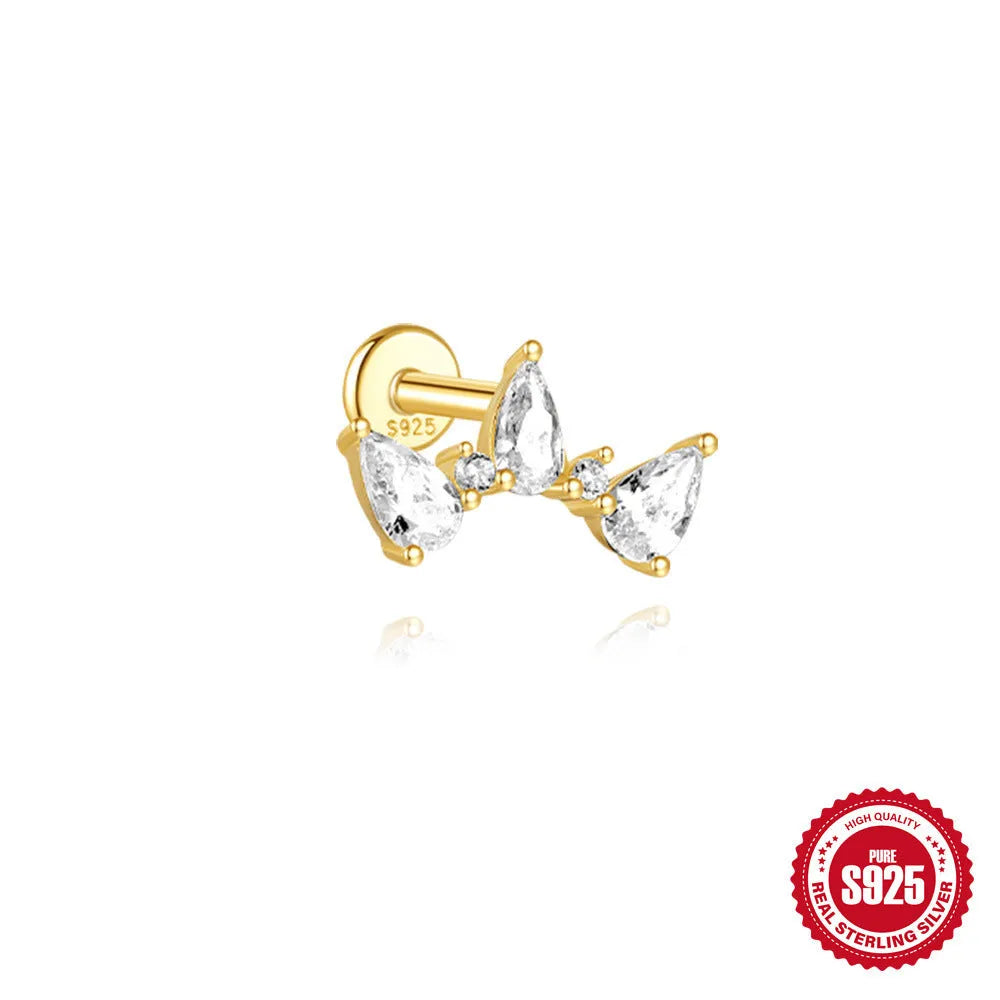 S925 sterling silver water drop earrings with flat spiral puncture design in single gold colour