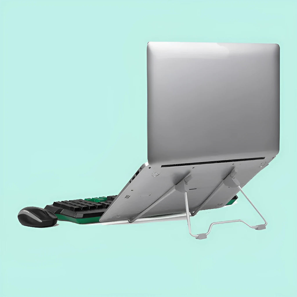 Grey adjustable aluminium and plastic stand holding a mobile phone and a laptop.