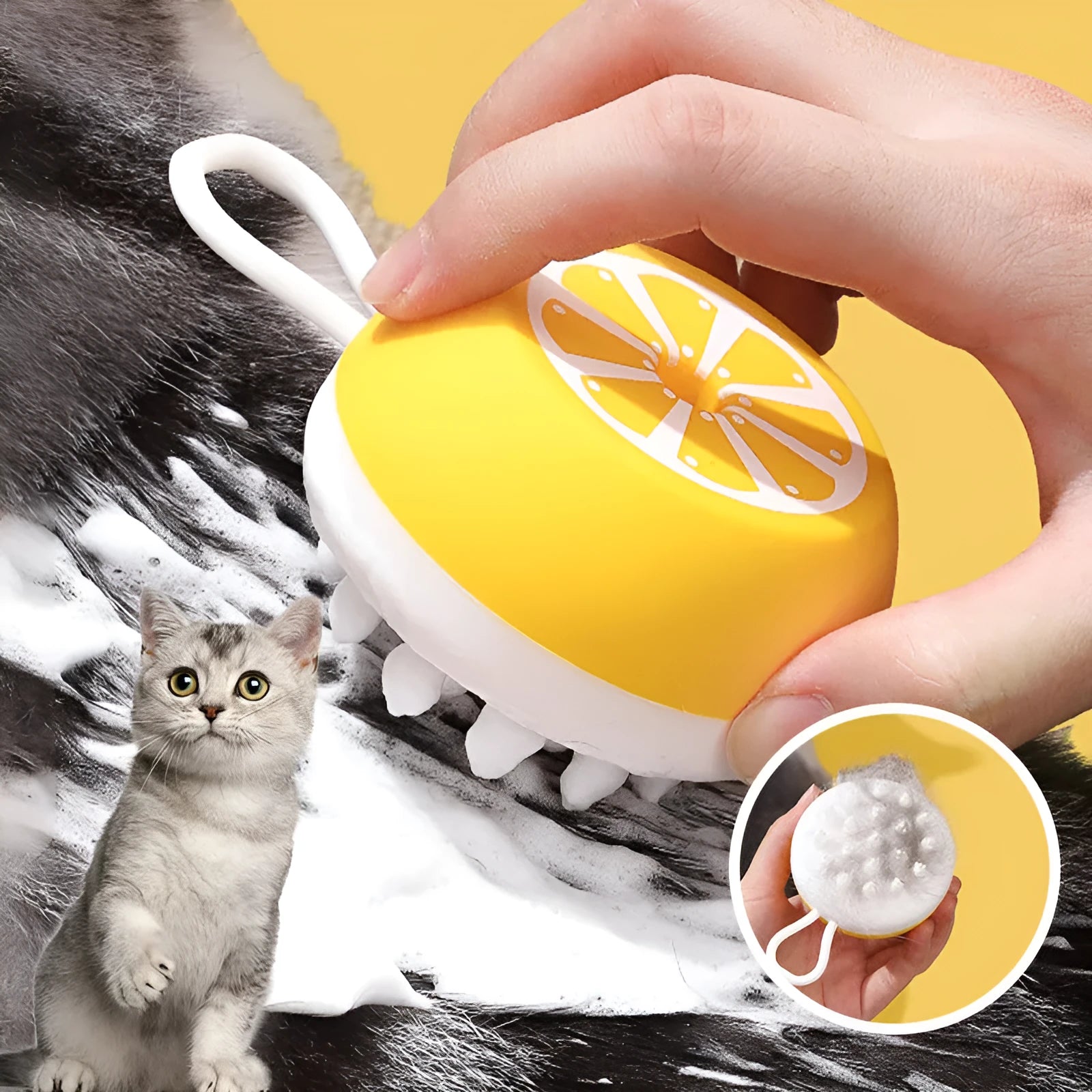 Yellow silicone pet bath brush with 2-in-1 comb design for dog and cat grooming