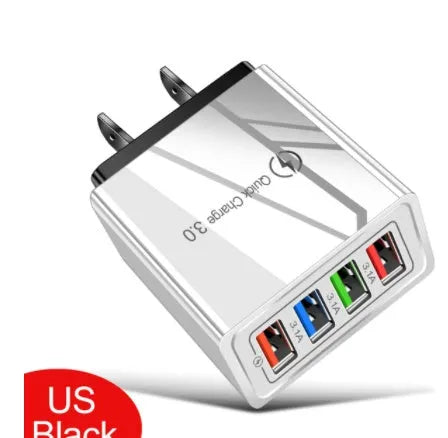 Four-port USB wall charger with LED light in choice of seven colours and EU/US plug options