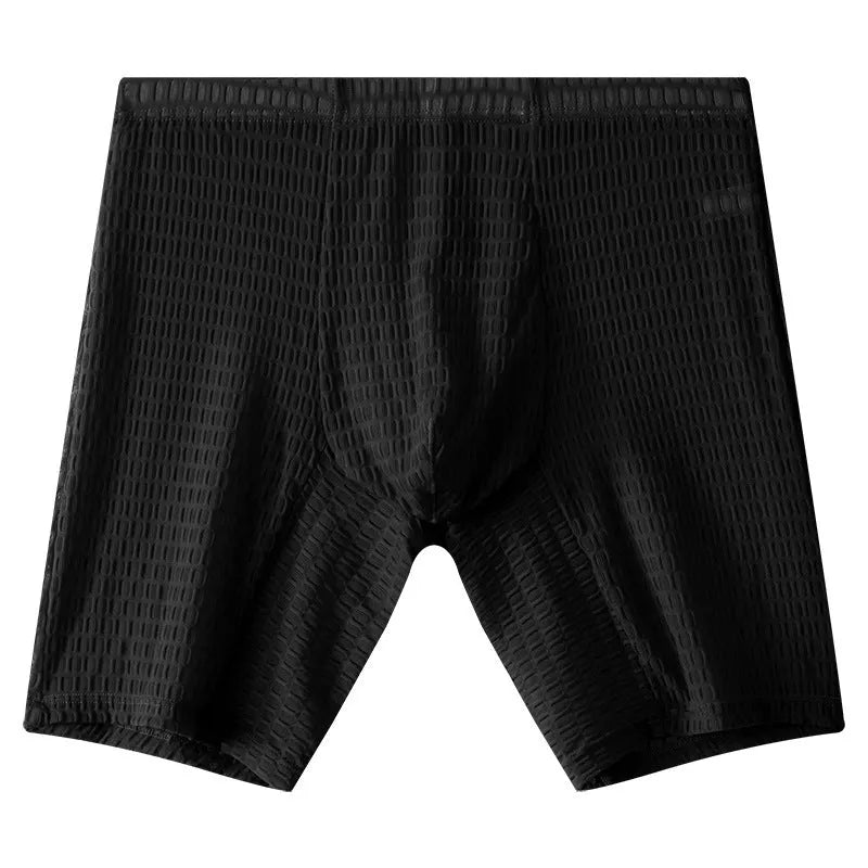 Men's white lace boxer shorts with a mid waist fit on a plain background.