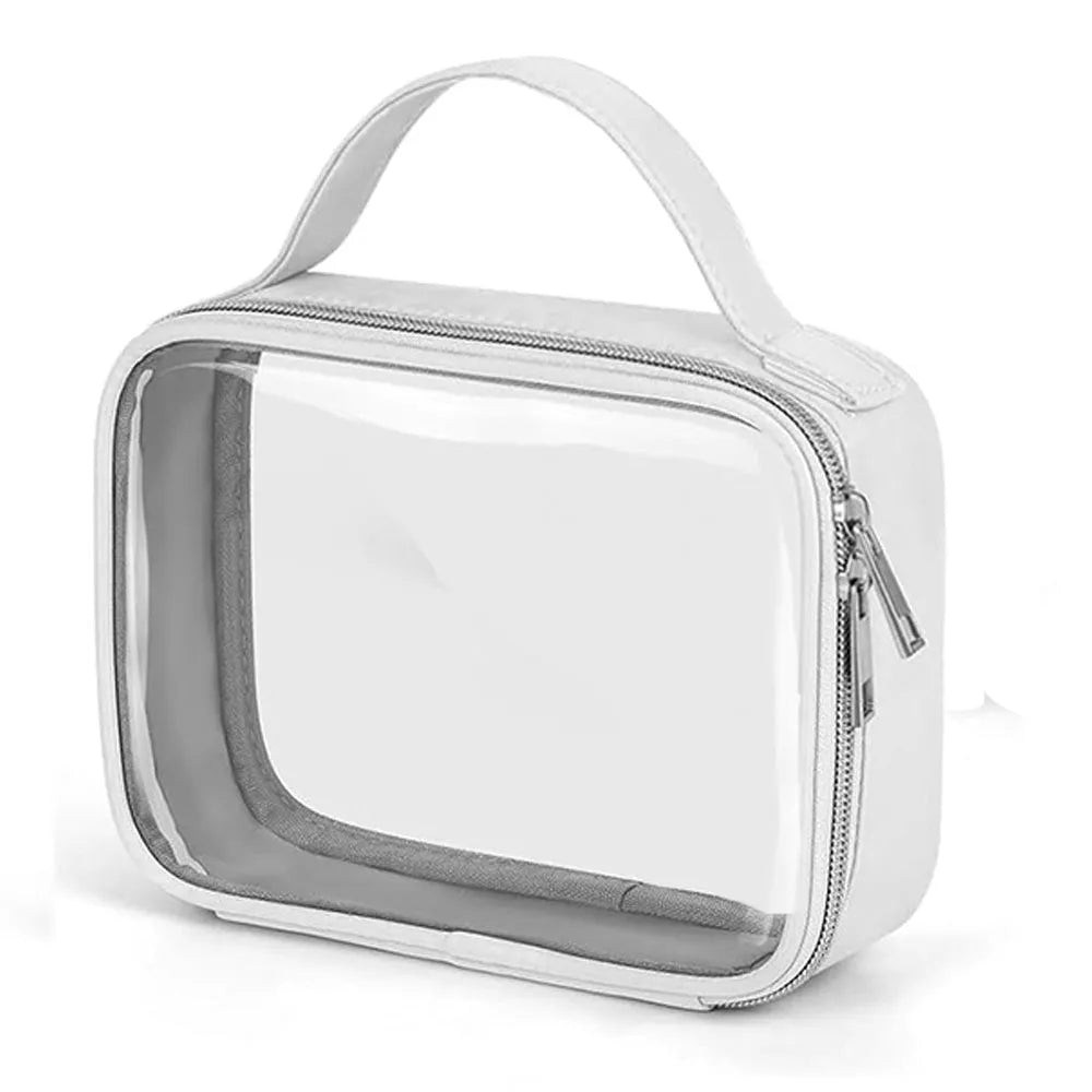 Transparent PVC wash bag showing cosmetics inside with chain handle