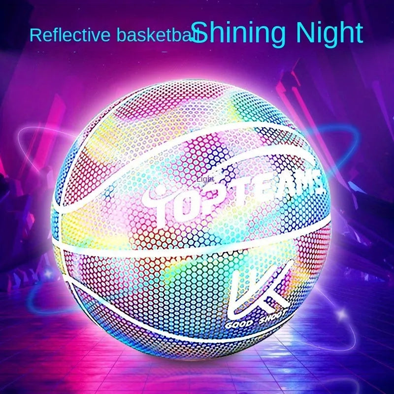 Holographic reflective basketball with fluorescent coating showing size 7 dimensions and wear-resistant PU surface