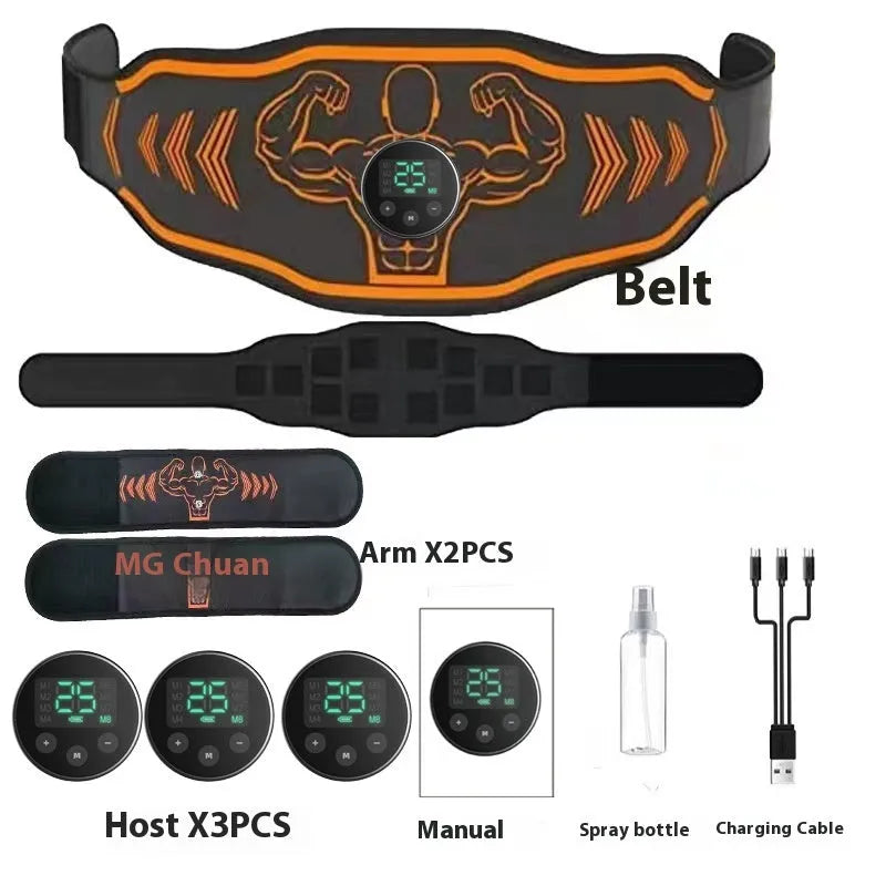 Blue and orange EMS smart massage belt with host unit, main belt, and arm stickers