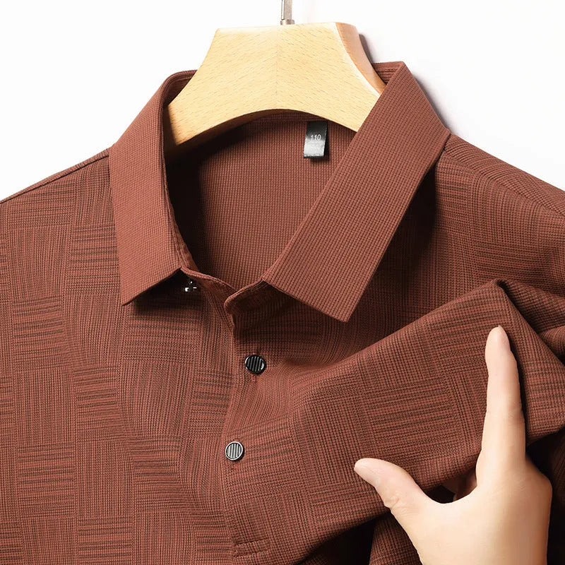 Men's lapel neck slim fit t-shirt in green, showing the casual collar design and lightweight fabric.