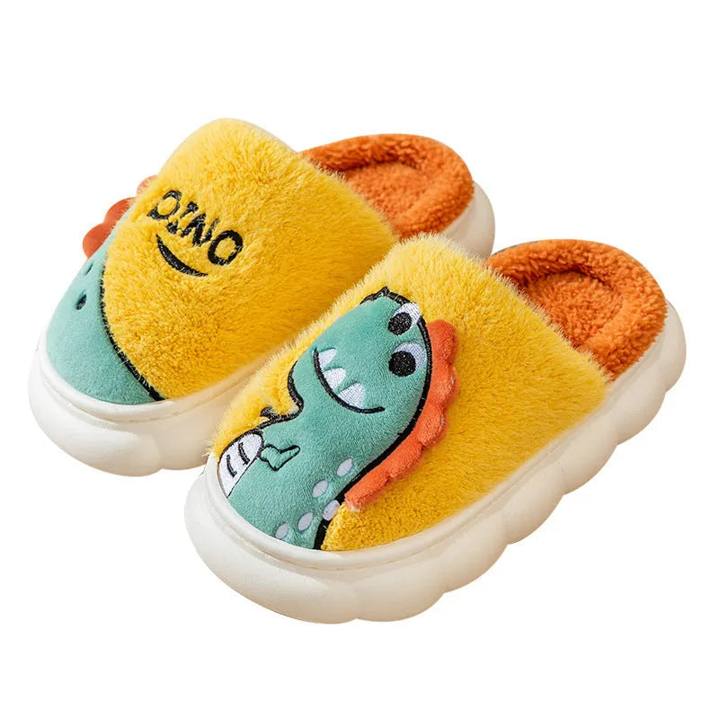Cotton plush couple slippers with dinosaur designs in coffee, grey and orange yellow colours