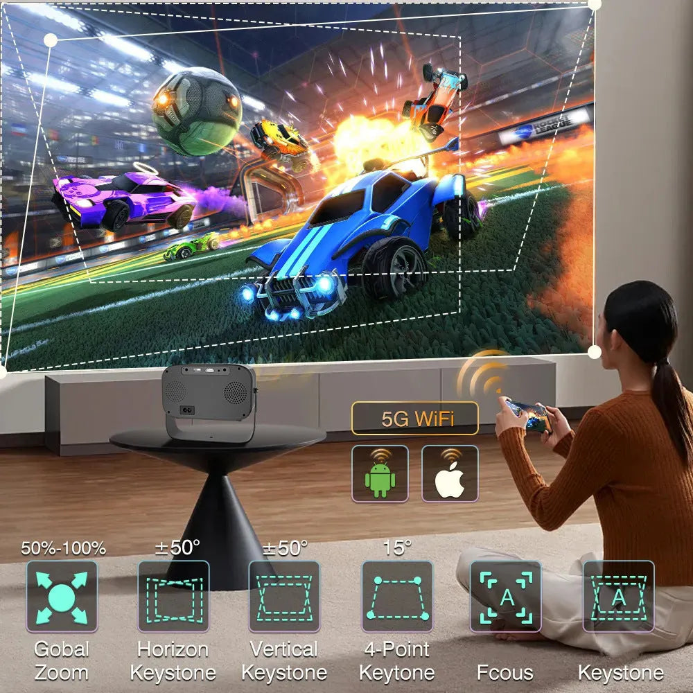 Black Android smart portable HD projector with remote control on table