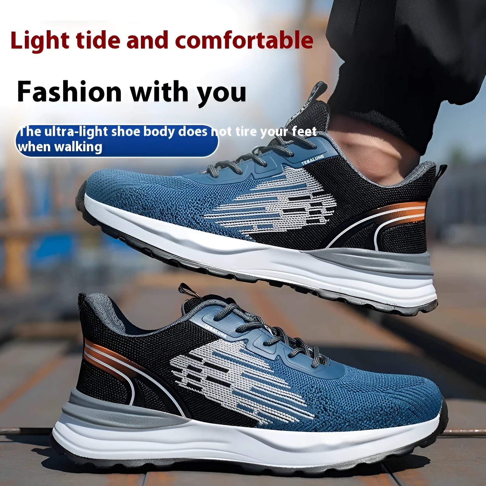 Blue men's safety work shoes with plastic toe cap and mesh upper, showing lace binding and non-slip sole