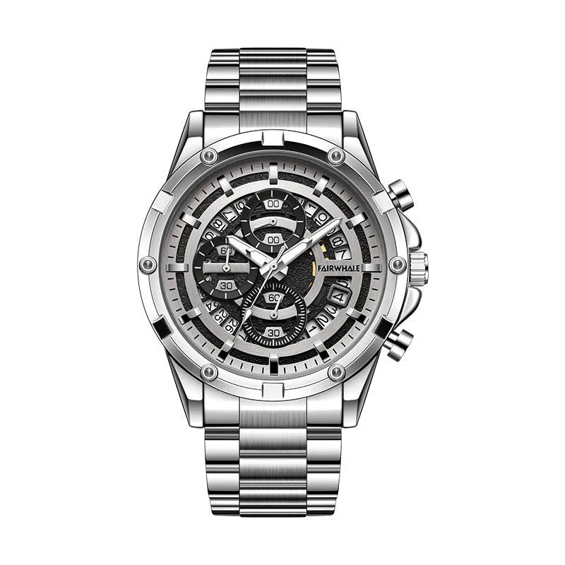Men's waterproof luminous quartz watch with steel bracelet in black and blue, black and gold, or silver and white colour options