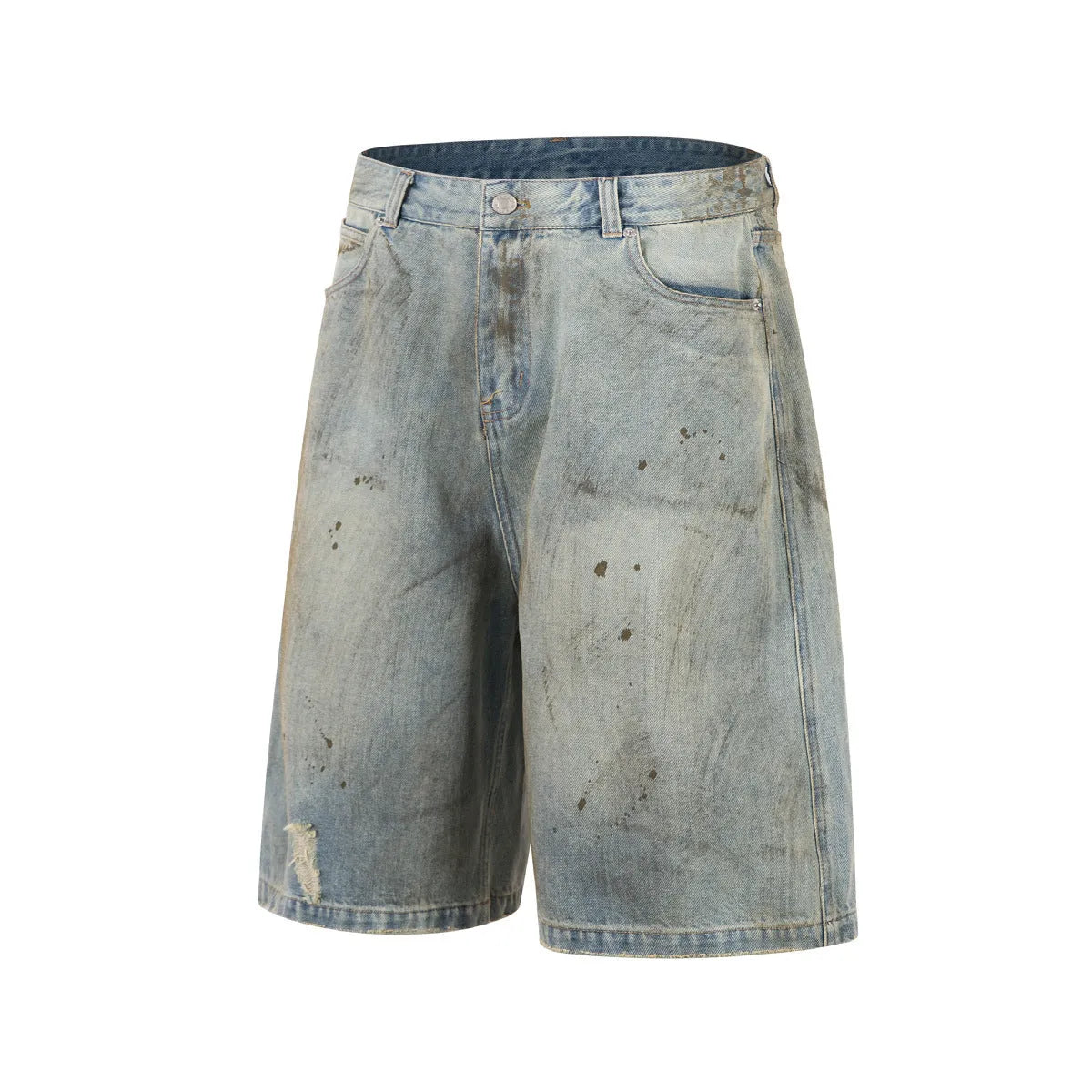 Blue cropped denim pants with straight-leg cut and zipper fly opening in street fashion style