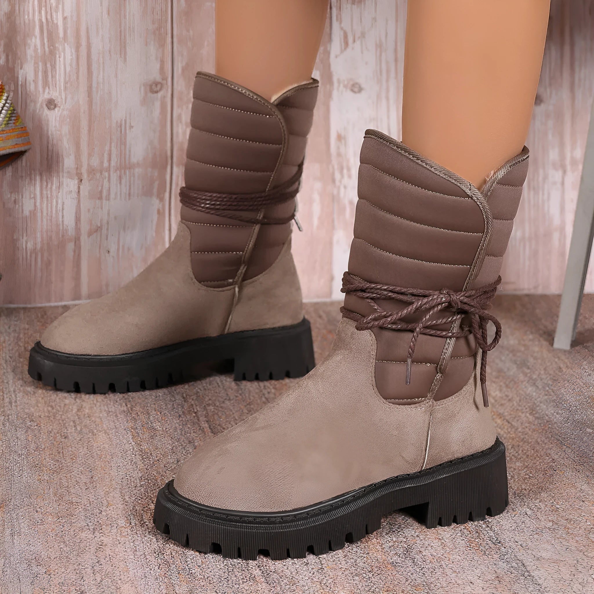 Women's black chunky heel snow boots with lace-up design and fleece lining.
