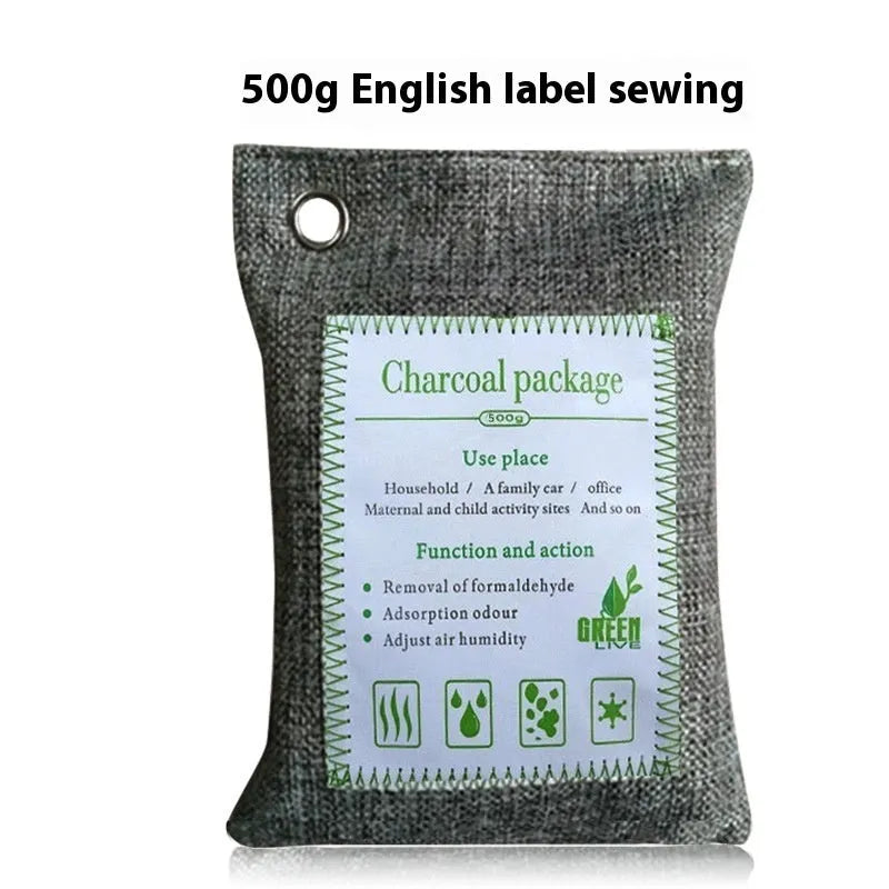 Sewing-style fabric sachets containing bamboo charcoal for air purification, shown in different sizes.