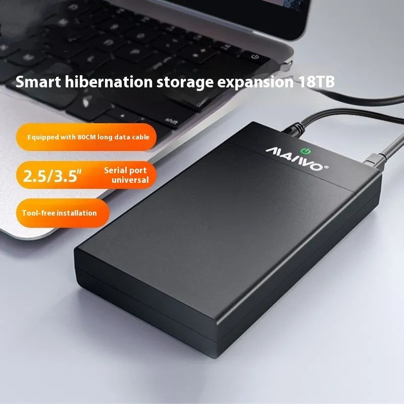 Black and silver 3.5-inch SATA to USB hard drive enclosure with power adapter and data cable