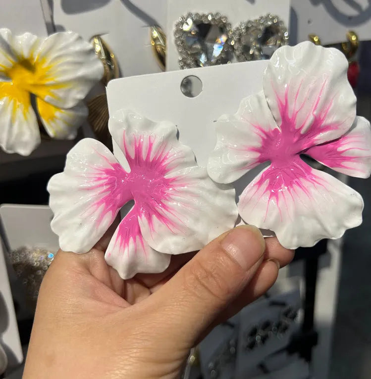 Pastoral style alloy flower stud earrings with electroplated finish and oil-spot glaze texture