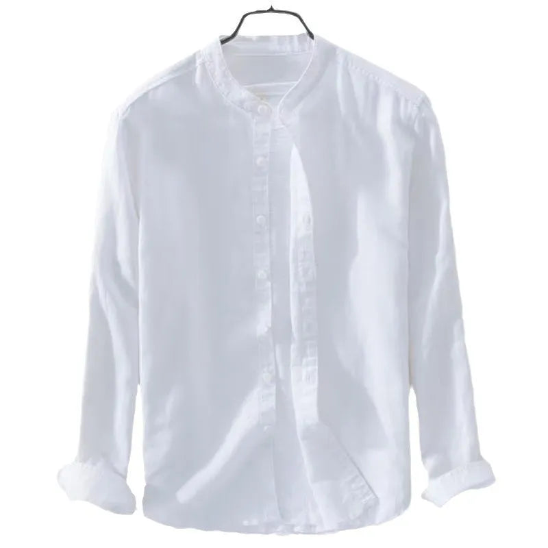 Loose fit long sleeve cotton linen shirt in solid dark blue colour displayed flat showing casual style