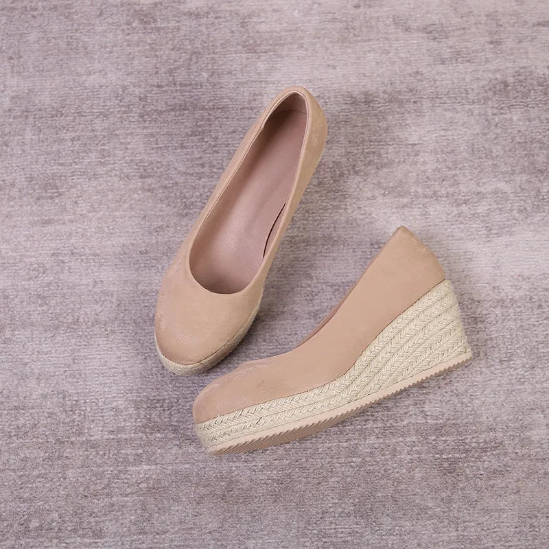 Apricot wedge high heel pumps with thick rope-detailed sole and shallow mouth opening