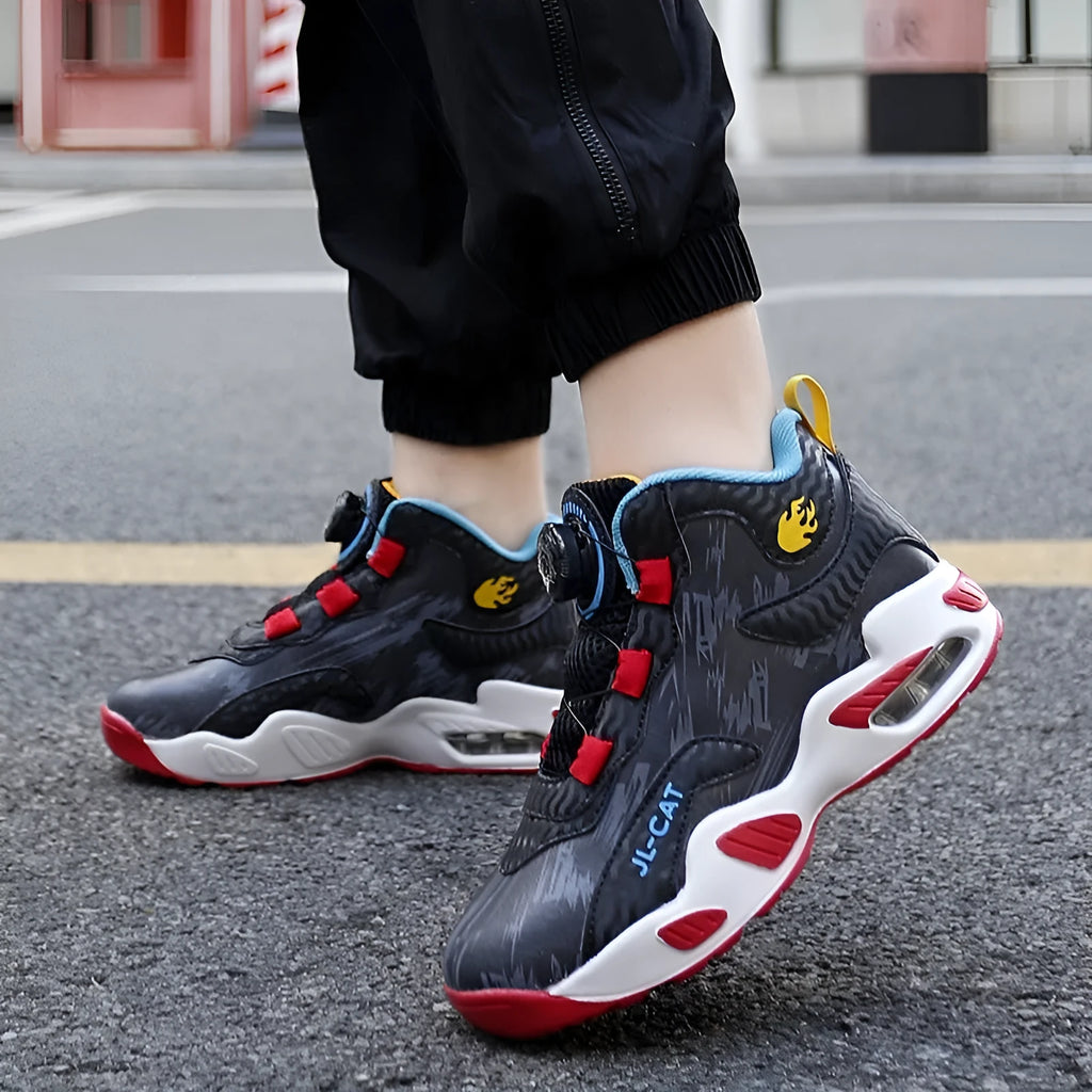 Children's basketball running shoes with rotating button closure in synthetic leather