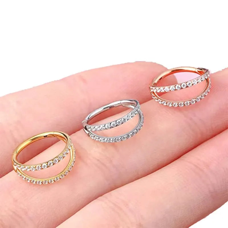 G23 titanium alloy nose ring with monoclinic diamond finish in gold or steel colour options