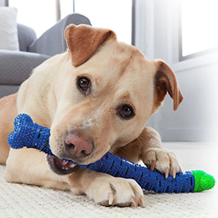 Blue green silicone dog dental cleaning stick with brush head and massage nodules for teeth and gum care
