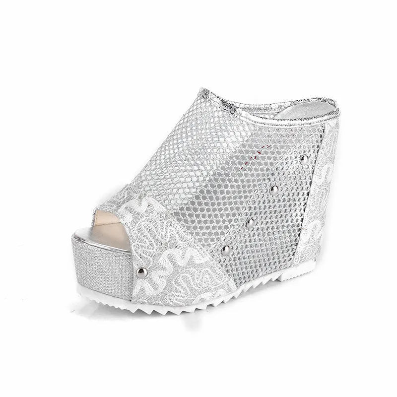Korean platform flip flops with hollowed-out heel, chunky waterproof sole, and mesh upper in black colour