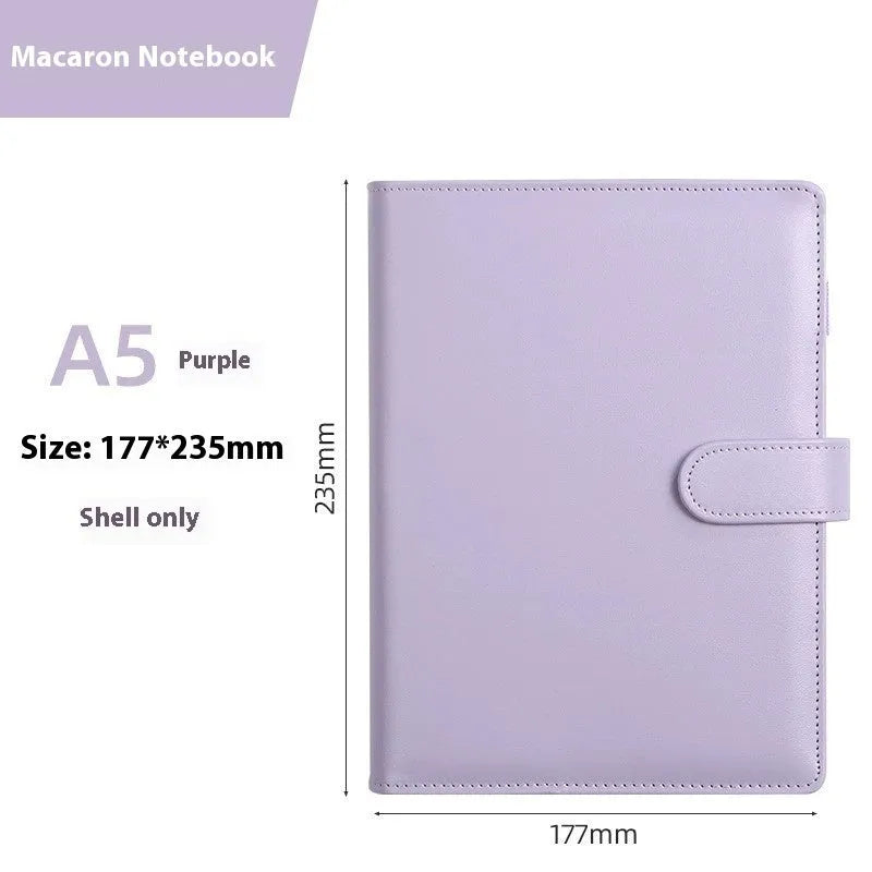 A5 PU leather zip-closure notebook shell in a solid colour, shown closed, for loose-leaf binders.