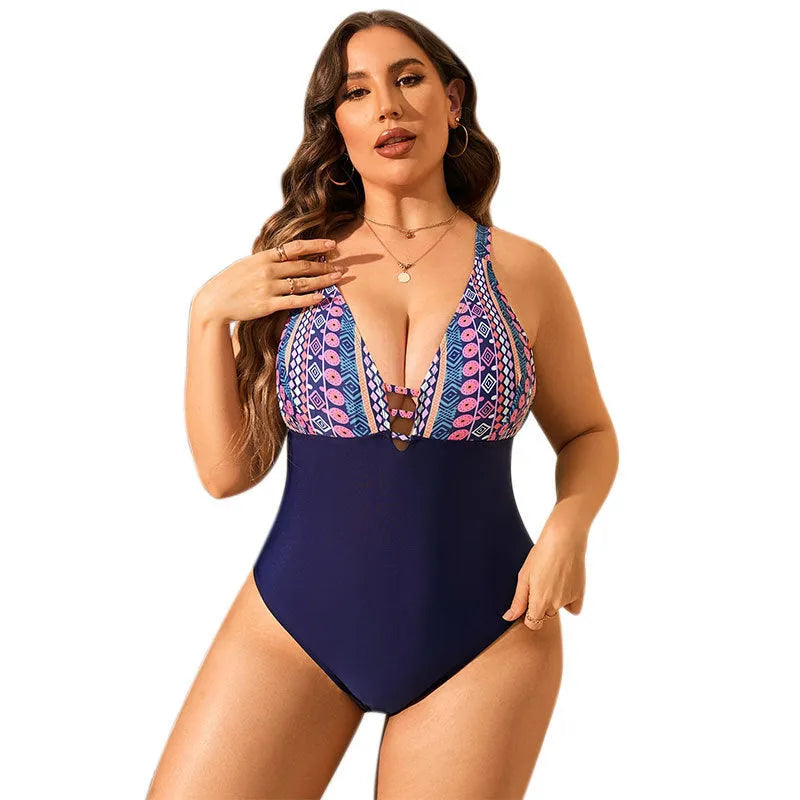 Leopard print plus size one-piece swimsuit for women with V-neck and belly coverage design.