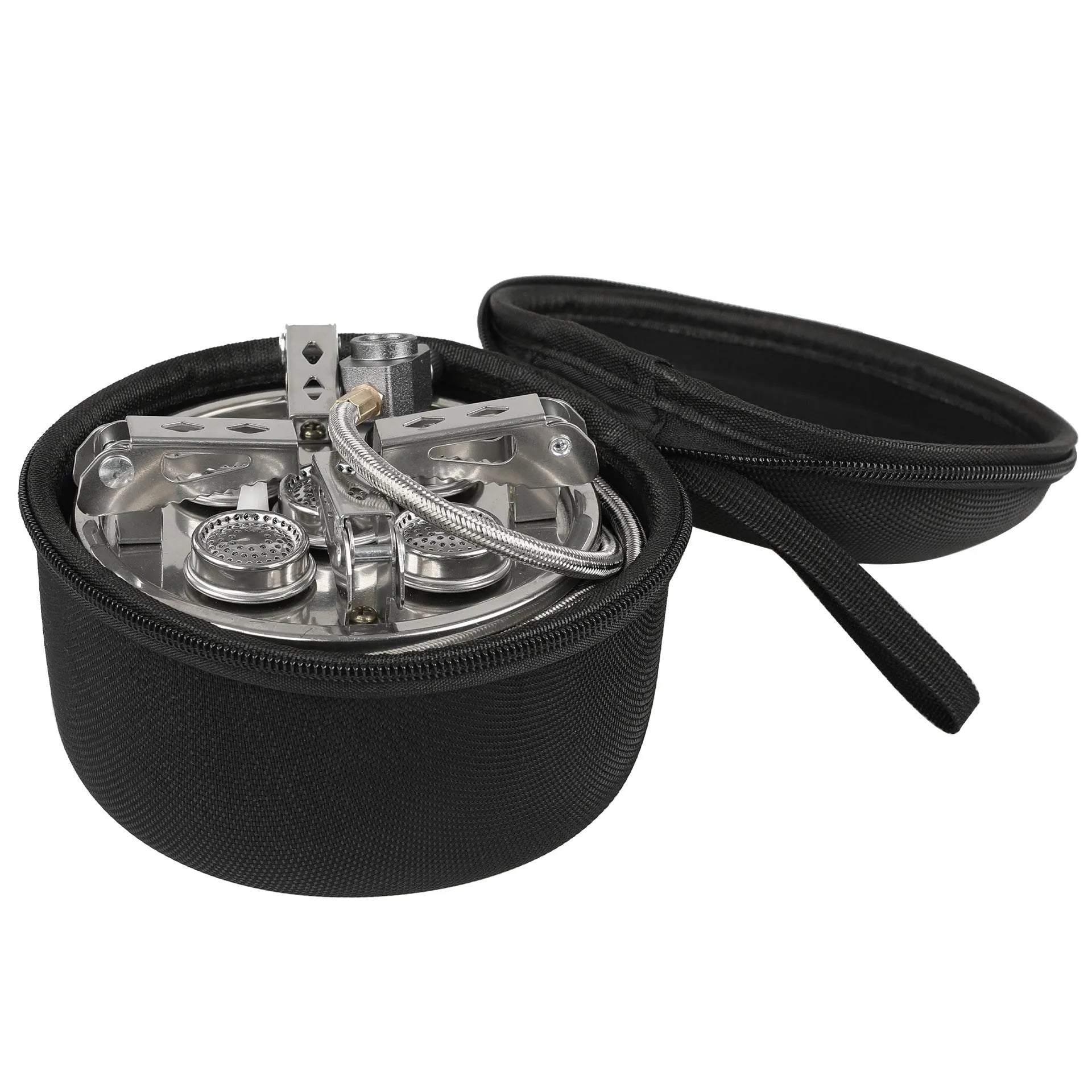 Silver portable split camping stove with hose, dimensions 155mm by 125mm.