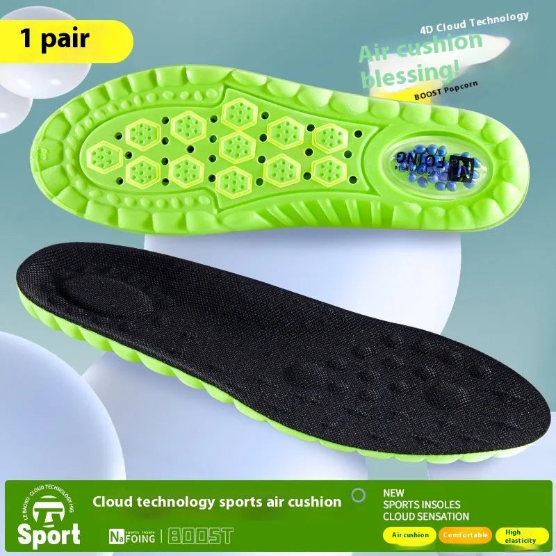 Green PU sports insoles with air cushion design and argy wormwood, shown alongside a size chart.