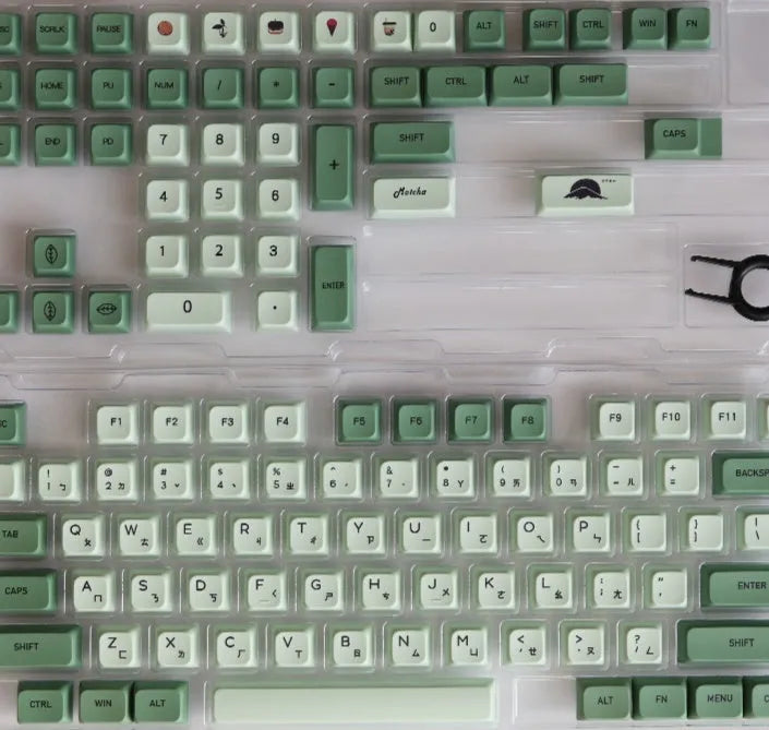 Matcha green PBT keycap set with 124 keys for mechanical keyboards, showing sublimation dye legends.