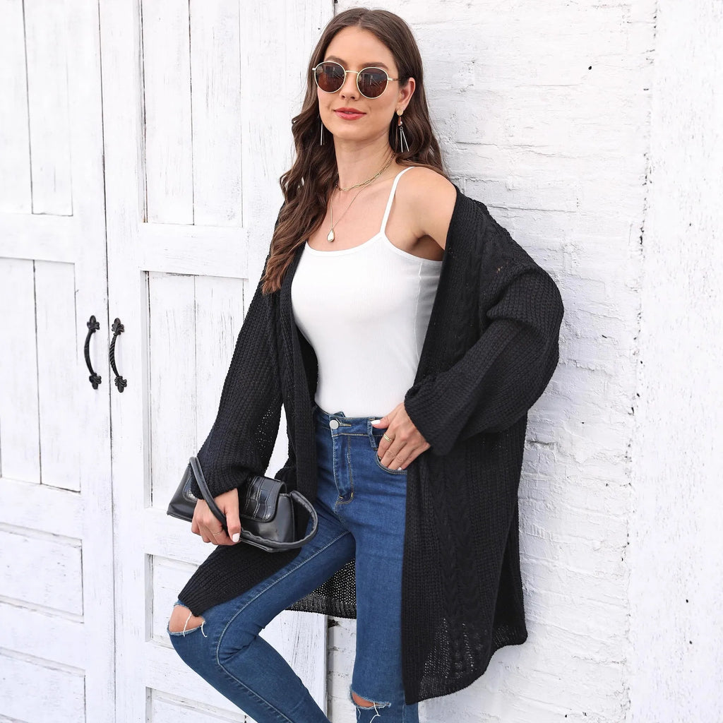 Women's loose acrylic sweater coat in solid colours including army green, black, brown, light grey, and rose red