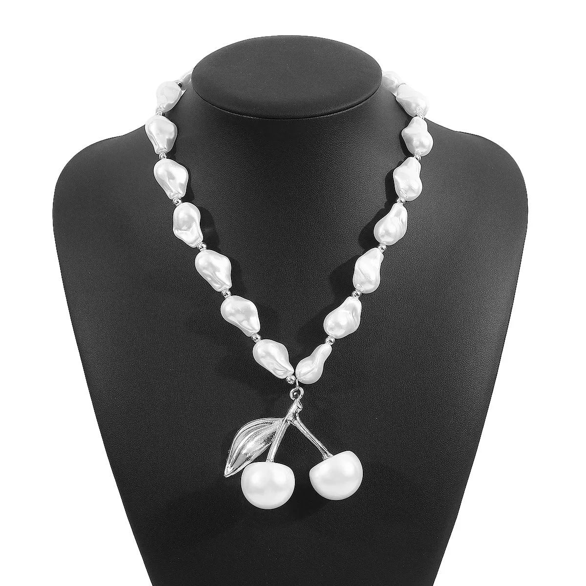 Gold geometric cherry fruit pendant on imitation pearl chain necklace for women