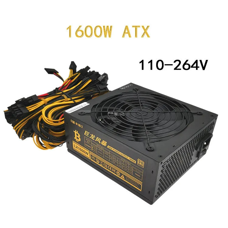 Black server power supply unit with multiple cable connectors including graphics card and CPU power interfaces