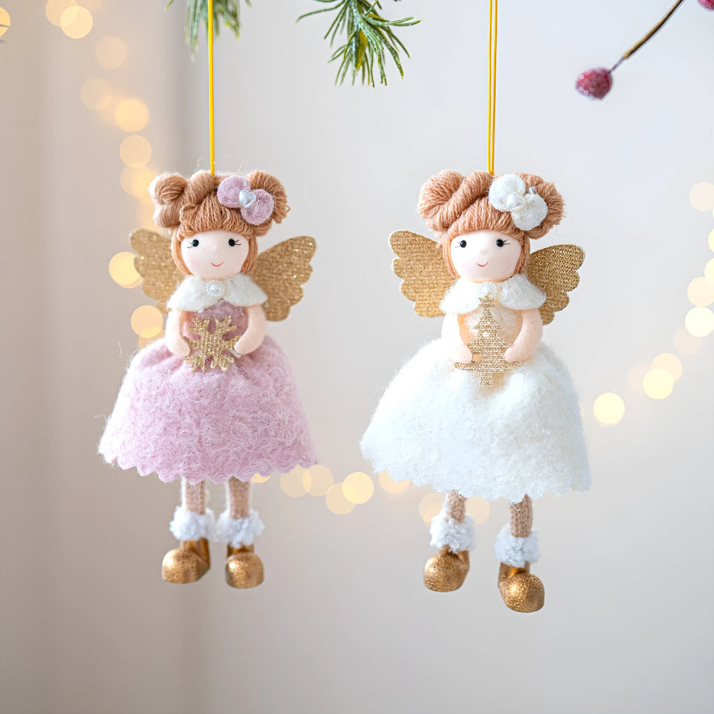 Pink and white cloth Christmas angel wings plush pendant with modern design for tree decoration