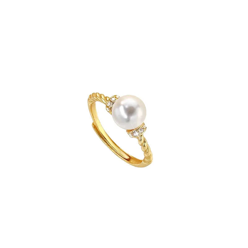 Geometric antique twist pearl ring with adjustable copper band in gold or silver finish