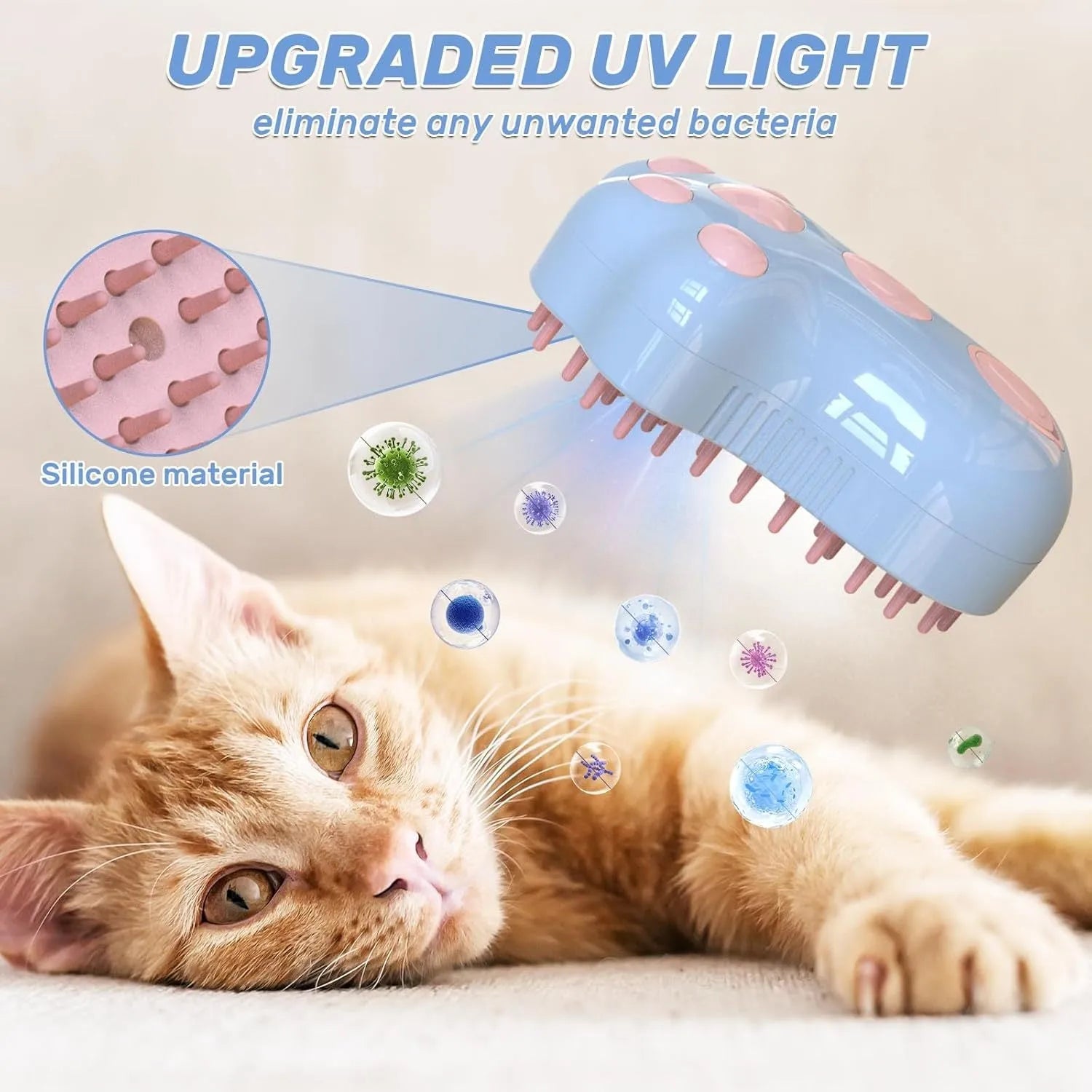 Self-cleaning cat steam brush with blue light and release button for pet grooming