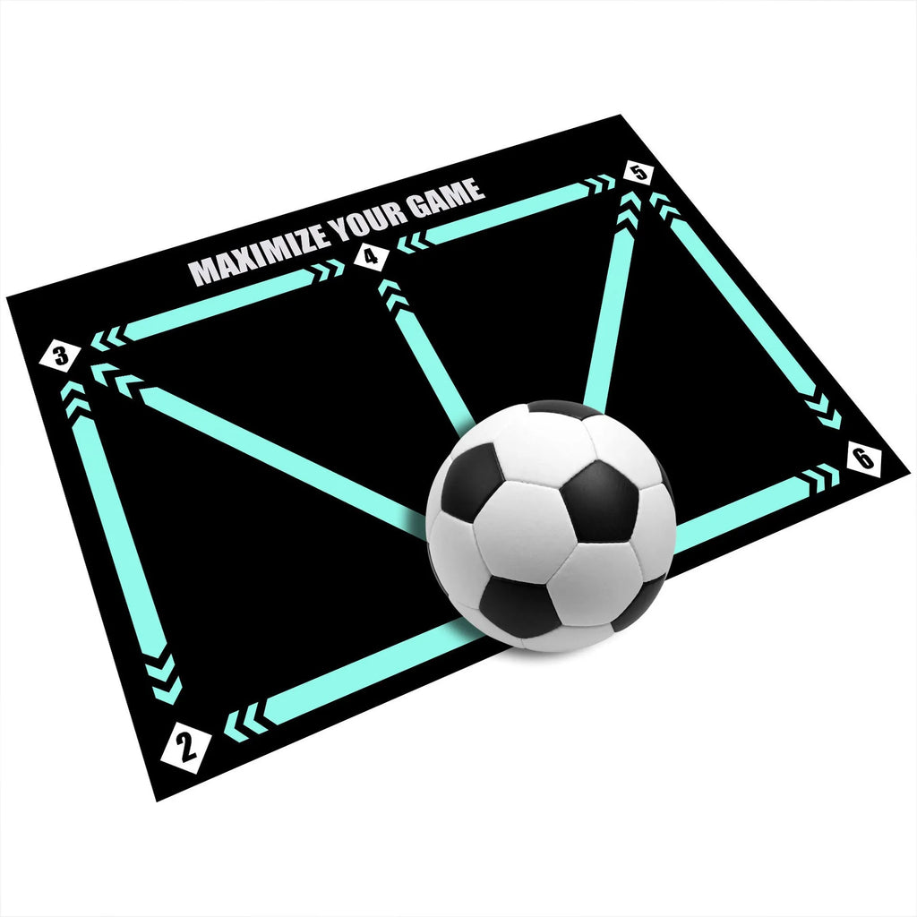 Black rectangular football training mat on a flat surface, dimensions 60cm by 90cm.