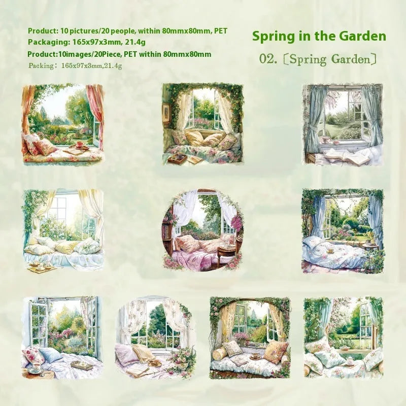 Retro window-themed journal stickers set with six different nature scene designs