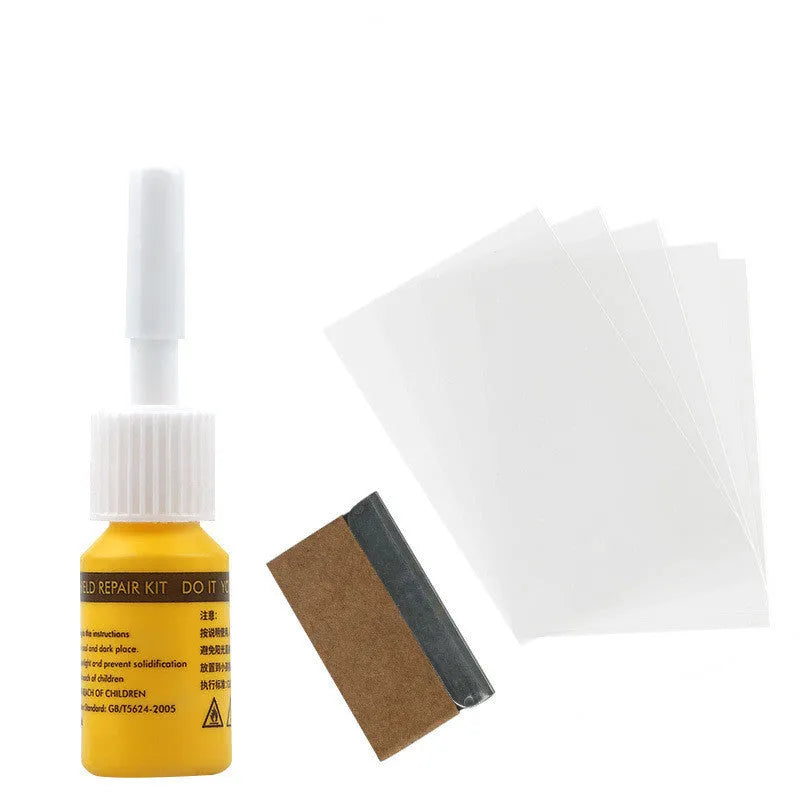 Yellow three-piece car windshield repair agent tool set on a white background.