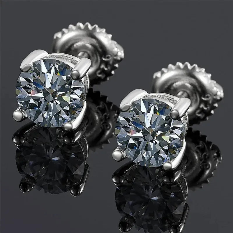 Silver plated screw back moissanite stud earrings with four claw setting in geometric shape