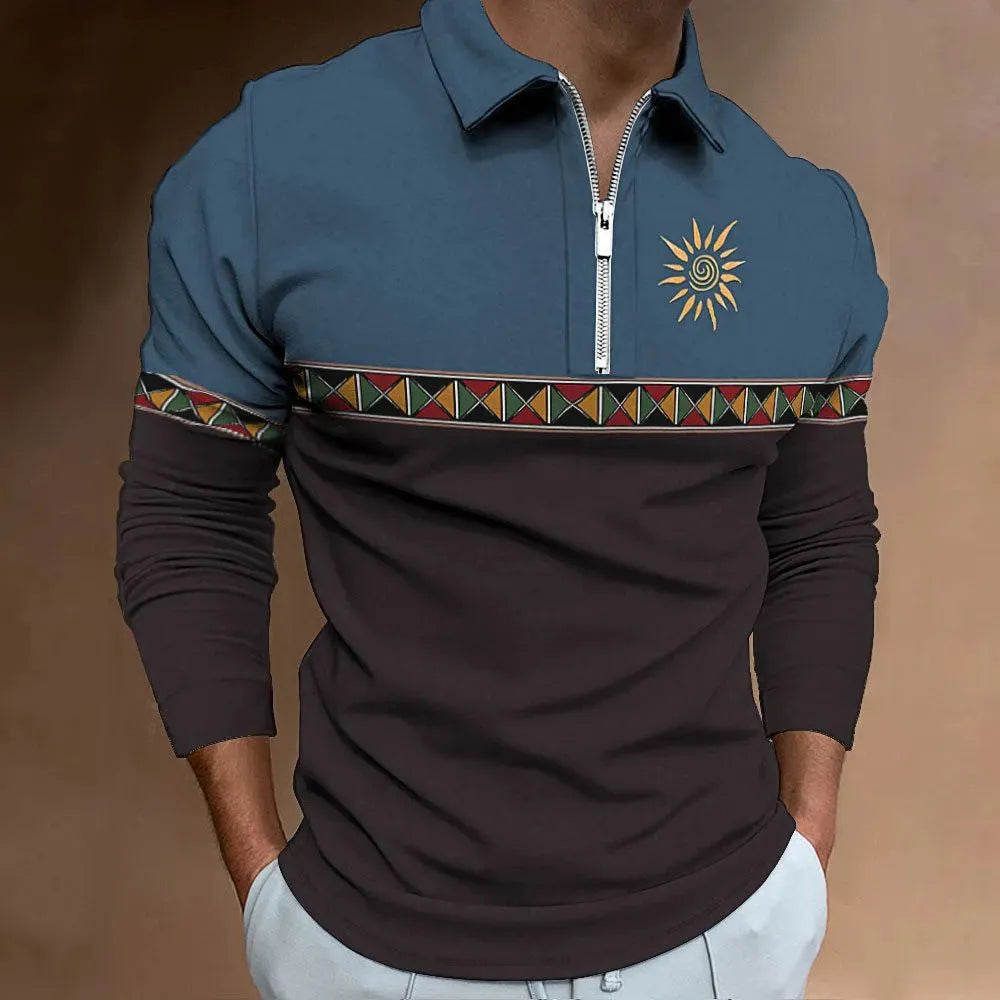 Men's loose fit long sleeve t-shirt with retro stripe prints and zip decorations